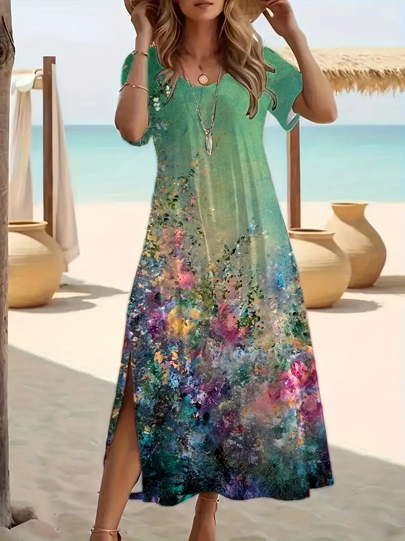 Women Floral Crew Neck Short Sleeve Comfy Casual Printing Maxi Dress