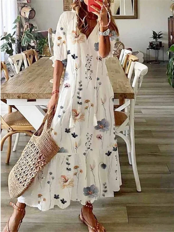 Women Geometric Summer Dress V Neck Half Sleeve Shirt Dress A-Line Dress