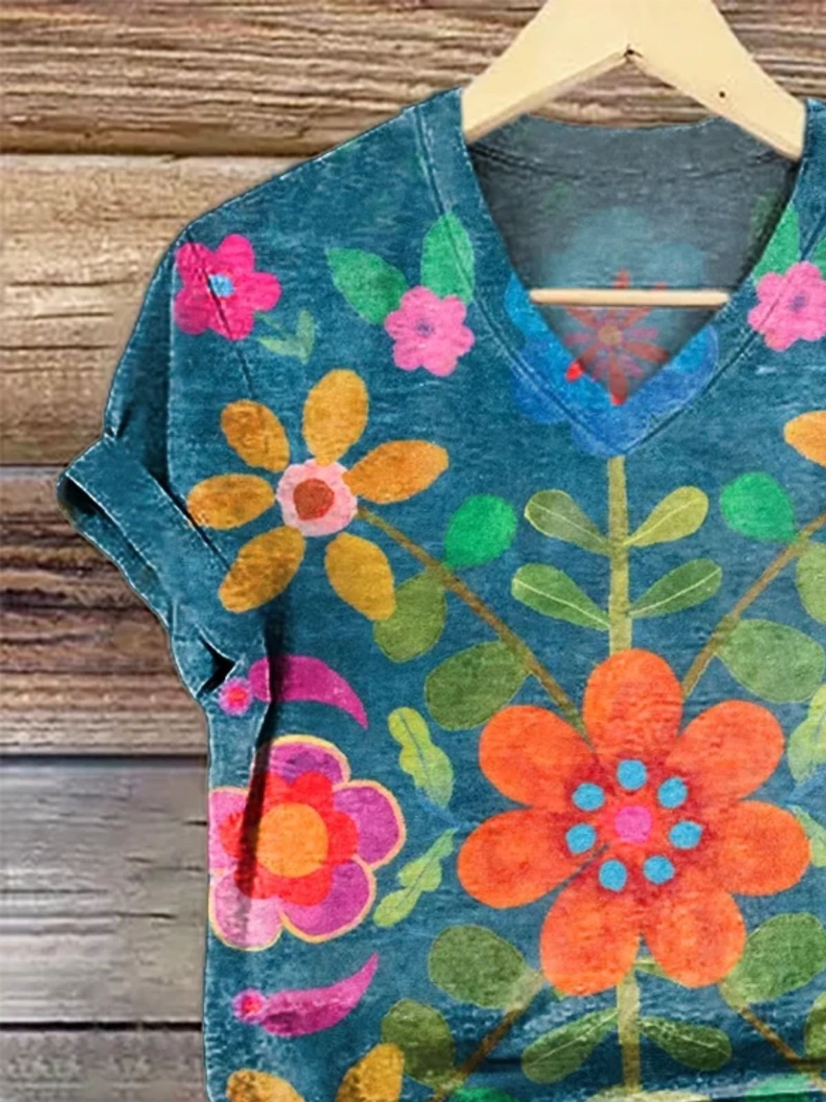 Casual Floral V Neck Short Sleeve T-shirt