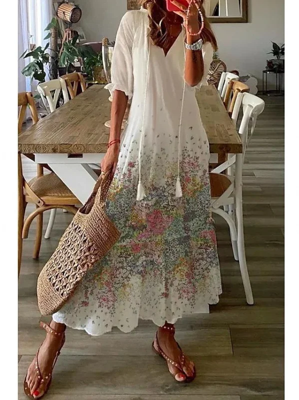 Women Geometric Summer Dress V Neck Half Sleeve Shirt Dress A-Line Dress