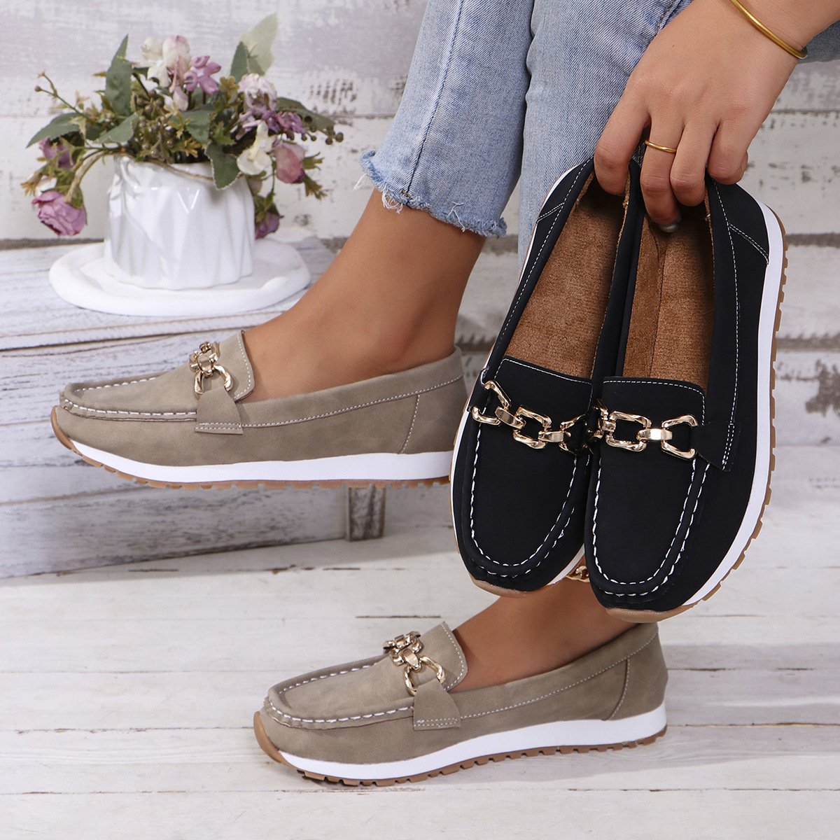Casual Plain Slip On Low Heel Loafers