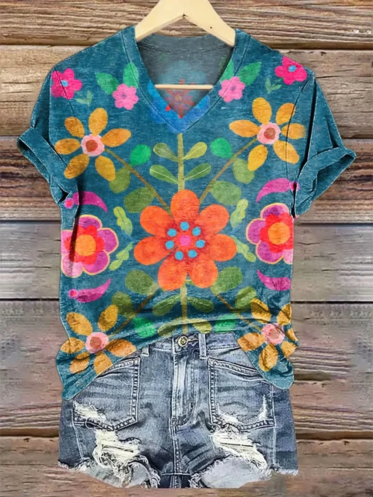 Casual Floral V Neck Short Sleeve T-shirt