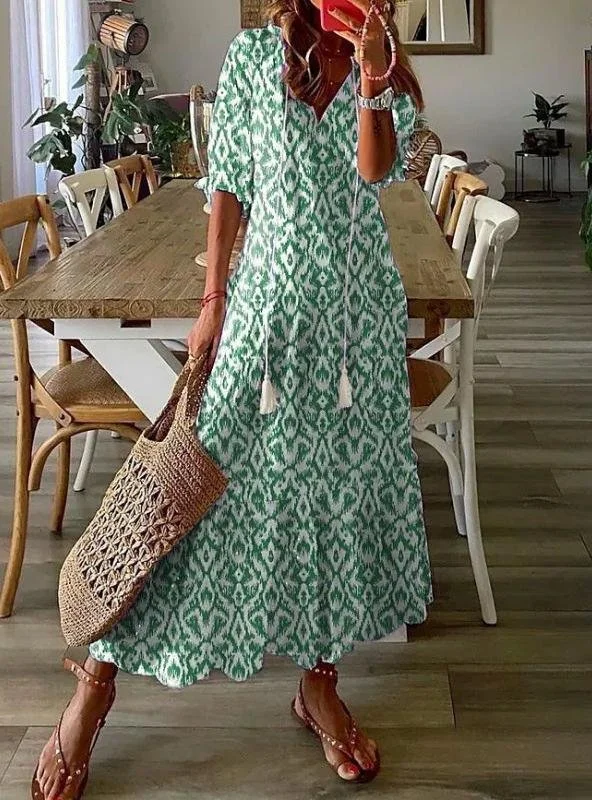 Women Geometric Summer Dress V Neck Half Sleeve Shirt Dress A-Line Dress