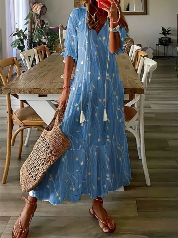 Women Geometric Summer Dress V Neck Half Sleeve Shirt Dress A-Line Dress
