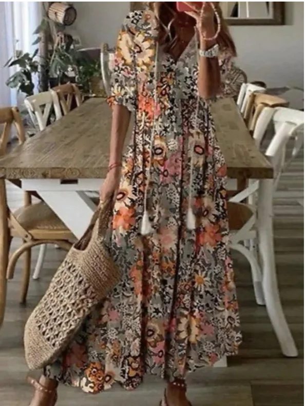 Women Geometric Summer Dress V Neck Half Sleeve Shirt Dress A-Line Dress