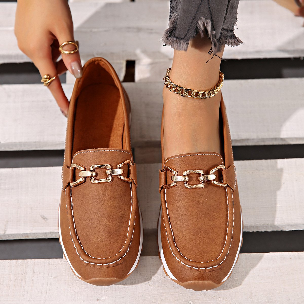 Casual Plain Slip On Low Heel Loafers