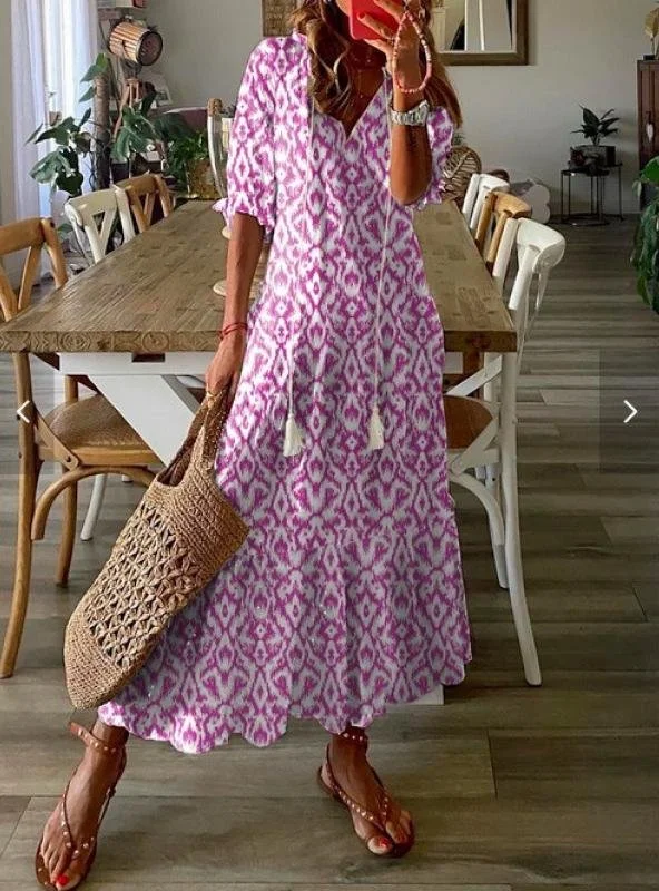 Women Geometric Summer Dress V Neck Half Sleeve Shirt Dress A-Line Dress