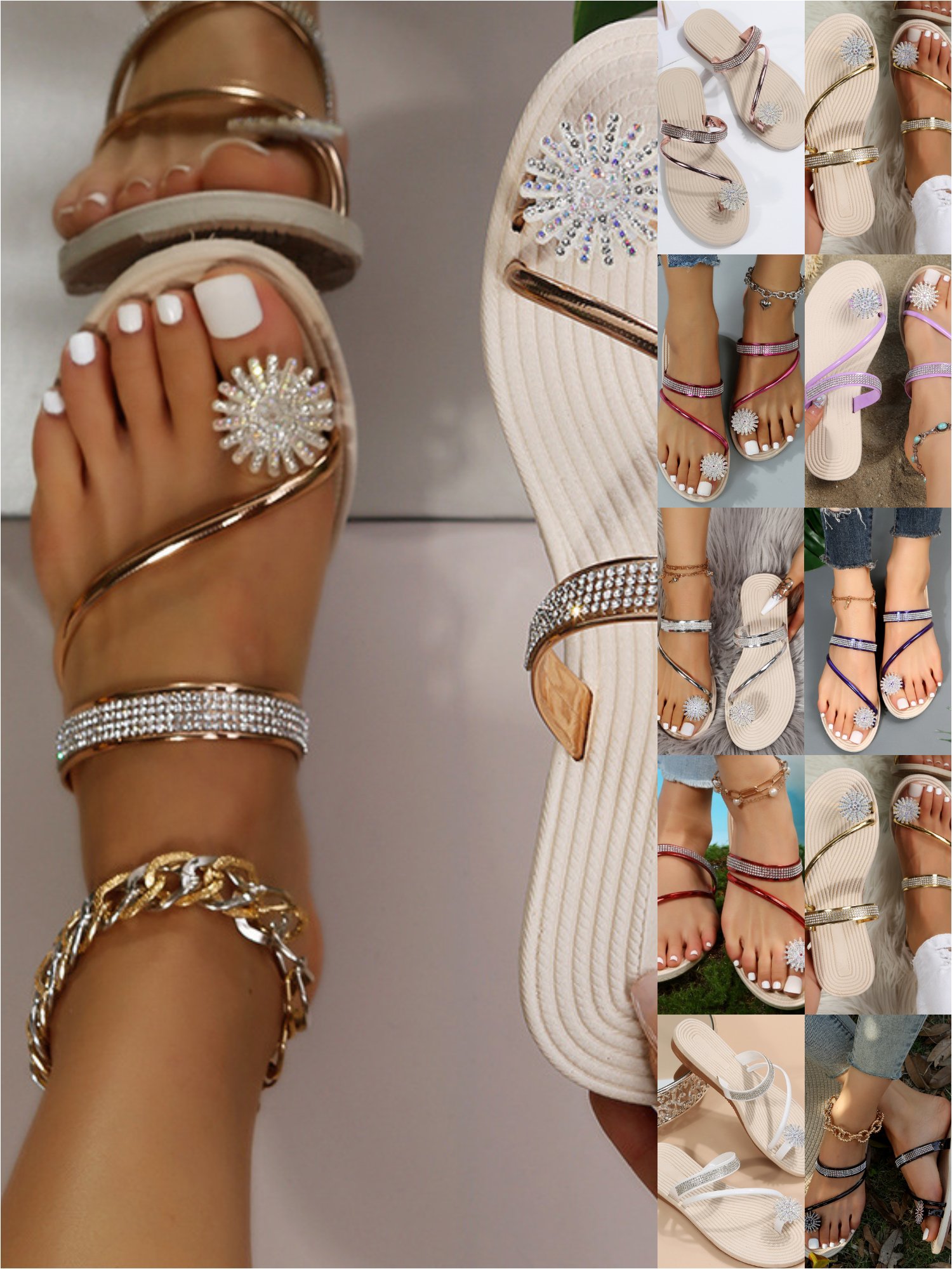 Large Size Women's Toe Sandals Summer New European And American Women's Beach Sandals Rhinestone Flower Flat Slippers