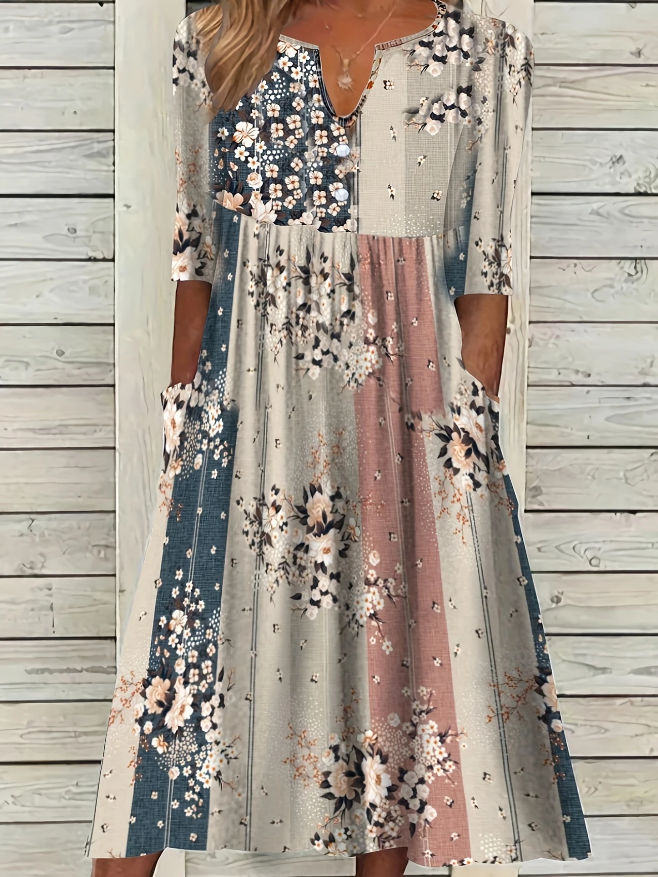 Women Floral Summer Printing Dress V Neck Short Sleeve Fit & Flare Dress H-Line Dress