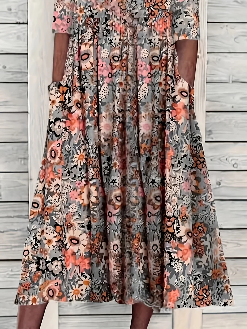 Women Floral Summer Printing Dress Crew Neck Short Sleeve Shift Dress H-Line Dress