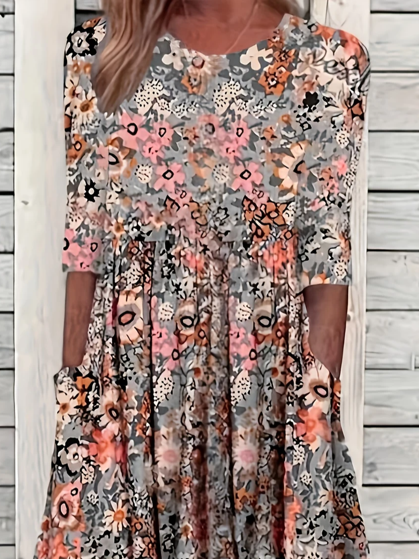 Women Floral Summer Printing Dress Crew Neck Short Sleeve Shift Dress H-Line Dress