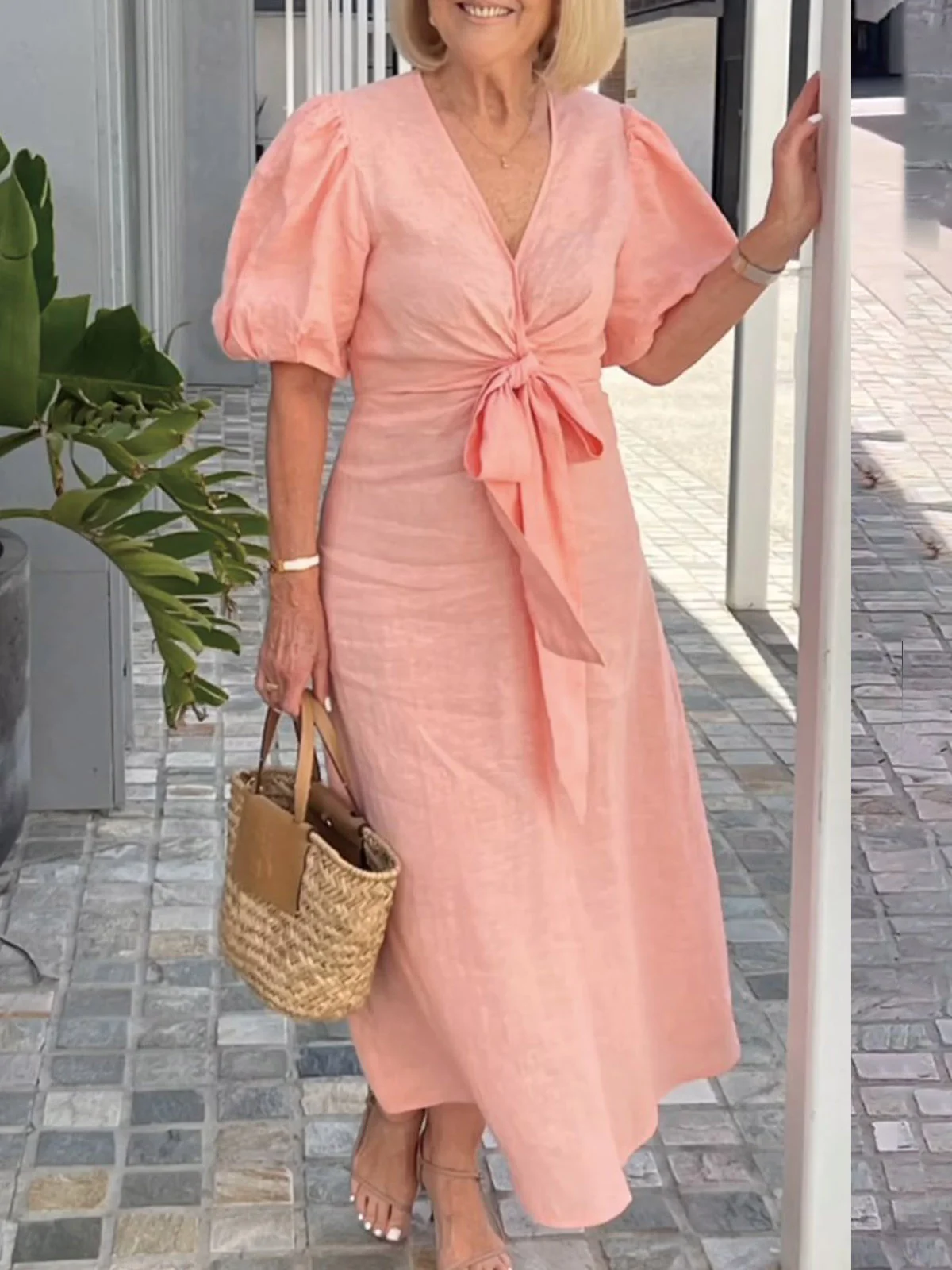 Women Plain V Neck Short Sleeve Comfy Casual Lace-up Maxi Dress