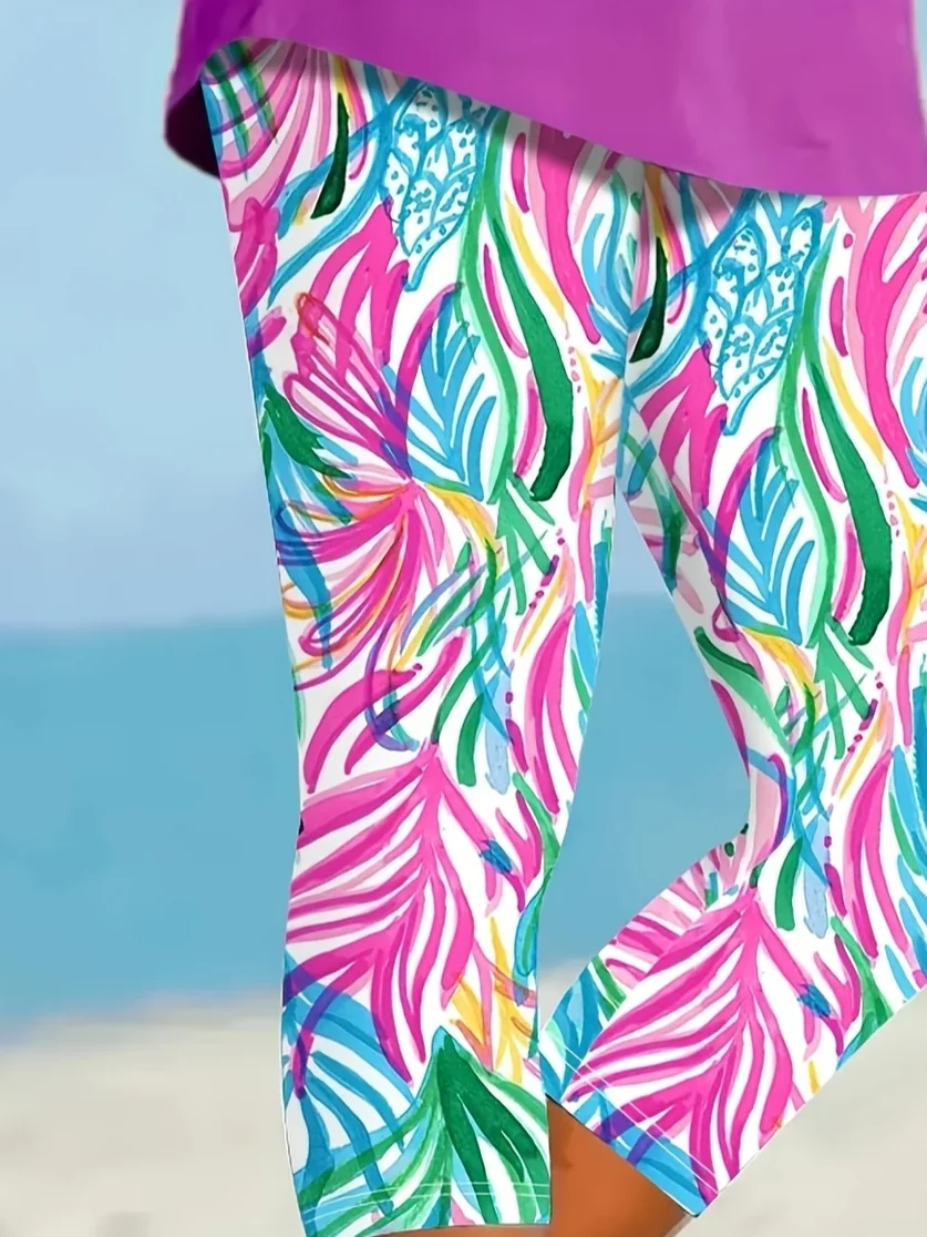 Casual Floral Capris Elastic Waist Printing Pant