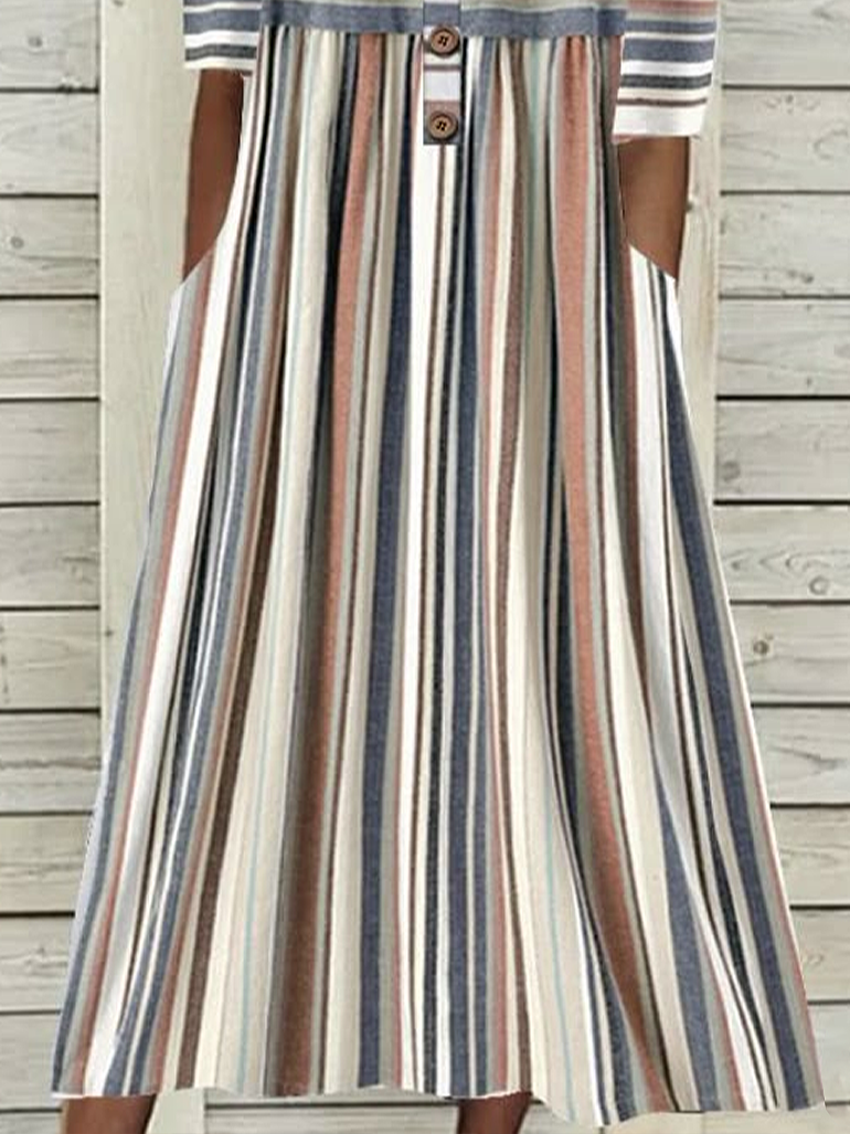 Women Striped Half Open Collar Half Sleeve Comfy Casual Printing Maxi Dress
