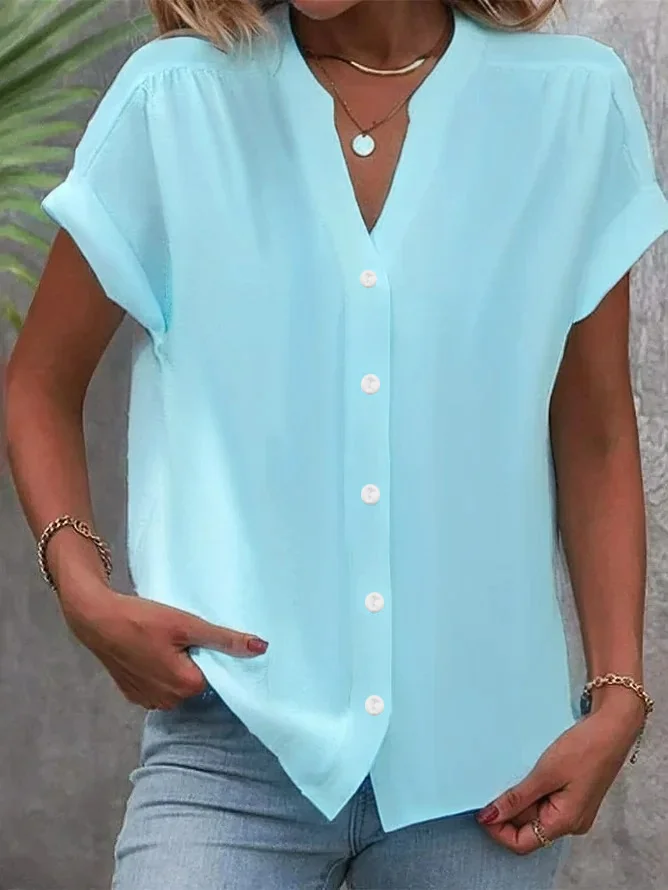 V Neck Short Sleeve Plain Buckle Regular Micro-Elasticity Regular Fit Button Up Shirt Shirt For Women
