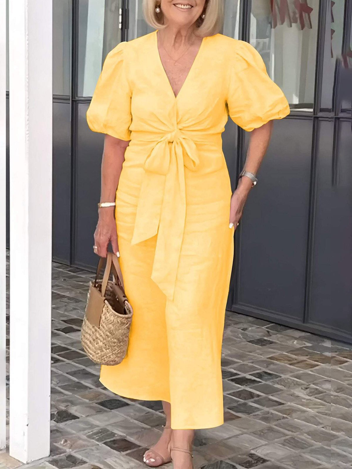 Women Plain V Neck Short Sleeve Comfy Casual Lace-up Maxi Dress