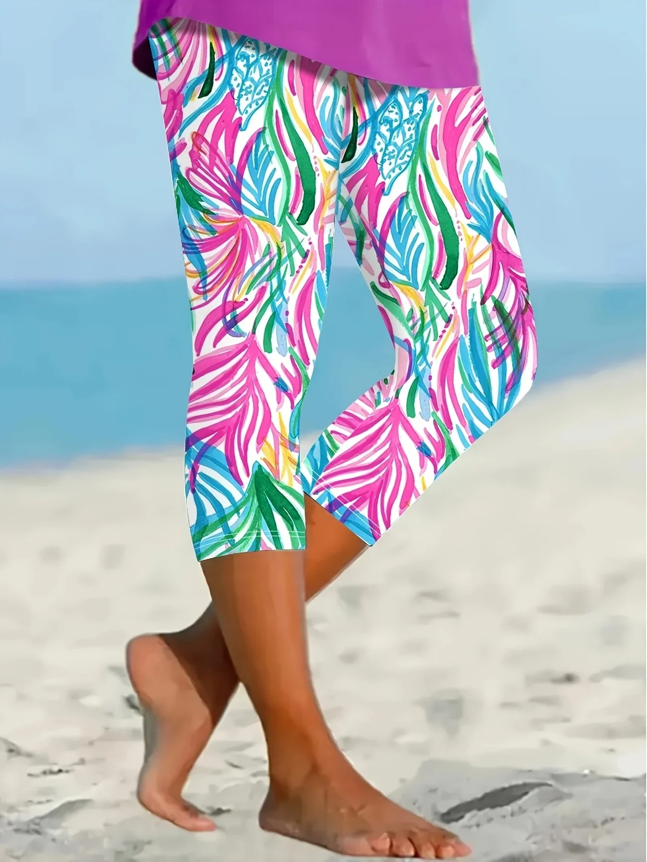 Casual Floral Capris Elastic Waist Printing Pant