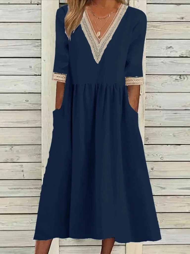 Women Plain V Neck Half Sleeve Comfy Casual Split Joint Maxi Dress