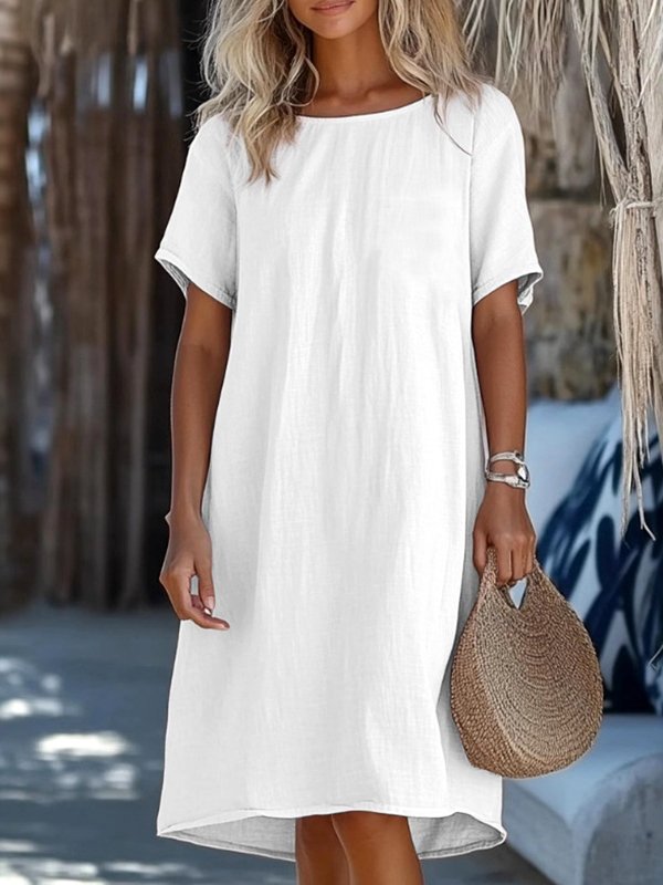 Women Plain Crew Neck Short Sleeve Comfy Casual Midi Dress