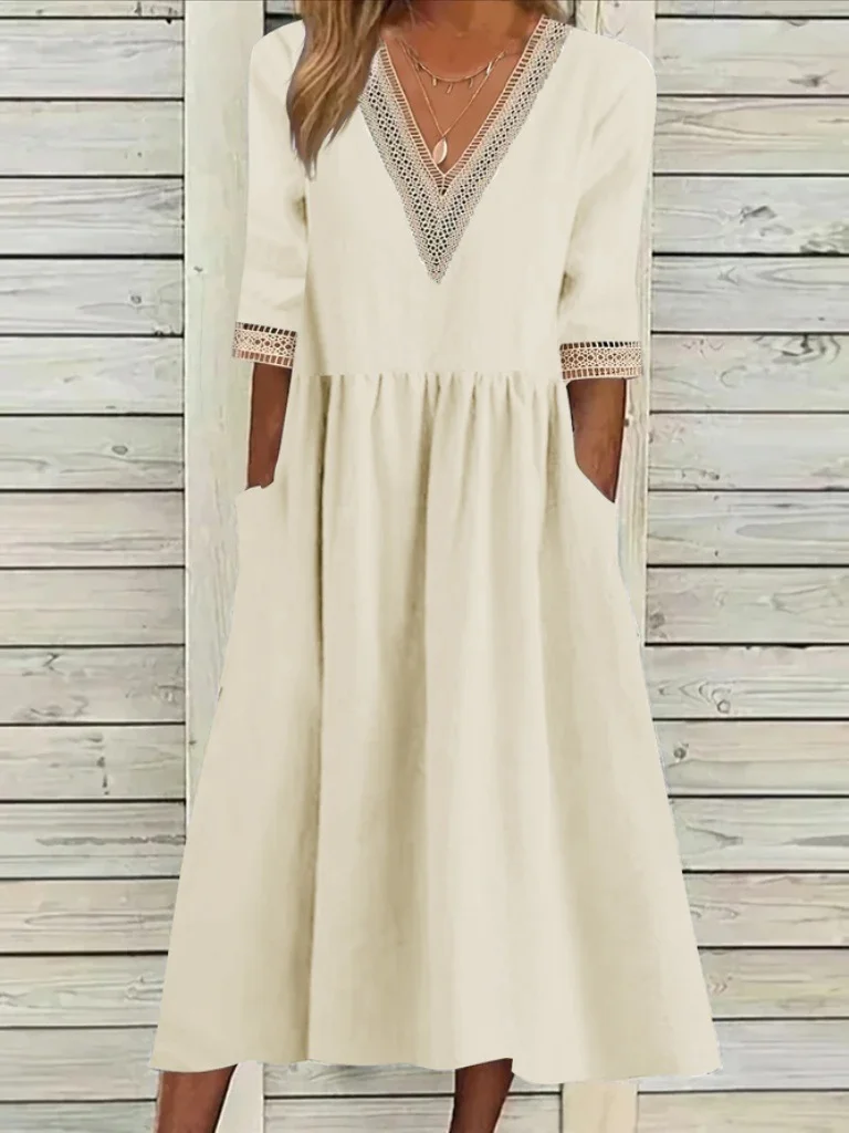 Women Plain V Neck Half Sleeve Comfy Casual Split Joint Maxi Dress