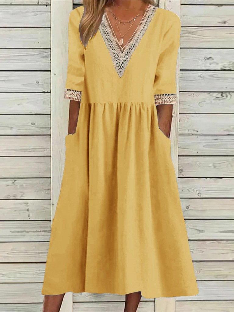 Women Plain V Neck Half Sleeve Comfy Casual Split Joint Maxi Dress