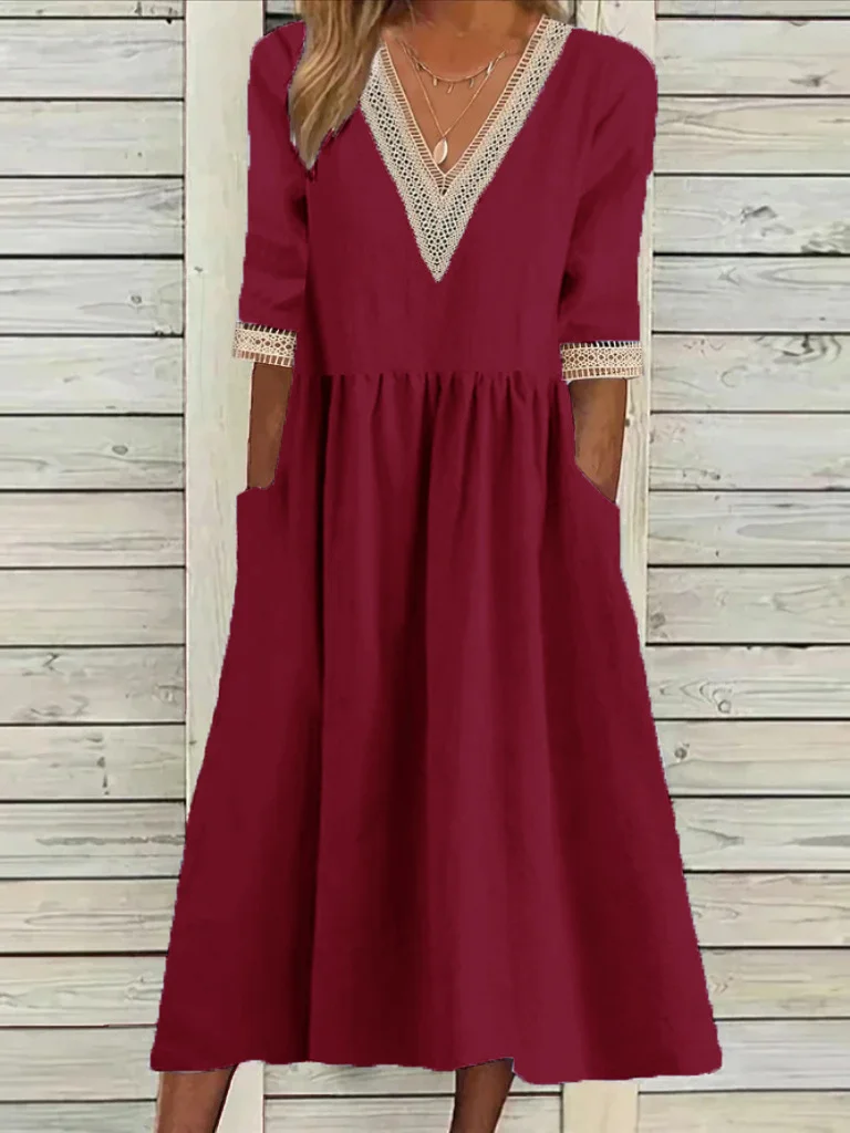 Women Plain V Neck Half Sleeve Comfy Casual Split Joint Maxi Dress