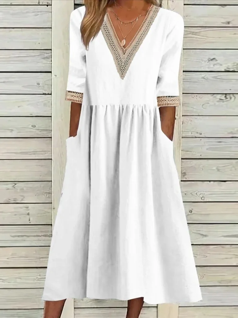 Women Plain V Neck Half Sleeve Comfy Casual Split Joint Maxi Dress