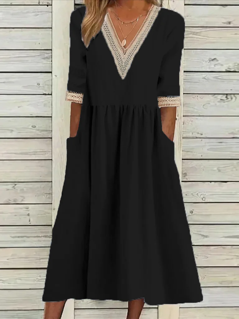 Women Plain V Neck Half Sleeve Comfy Casual Split Joint Maxi Dress