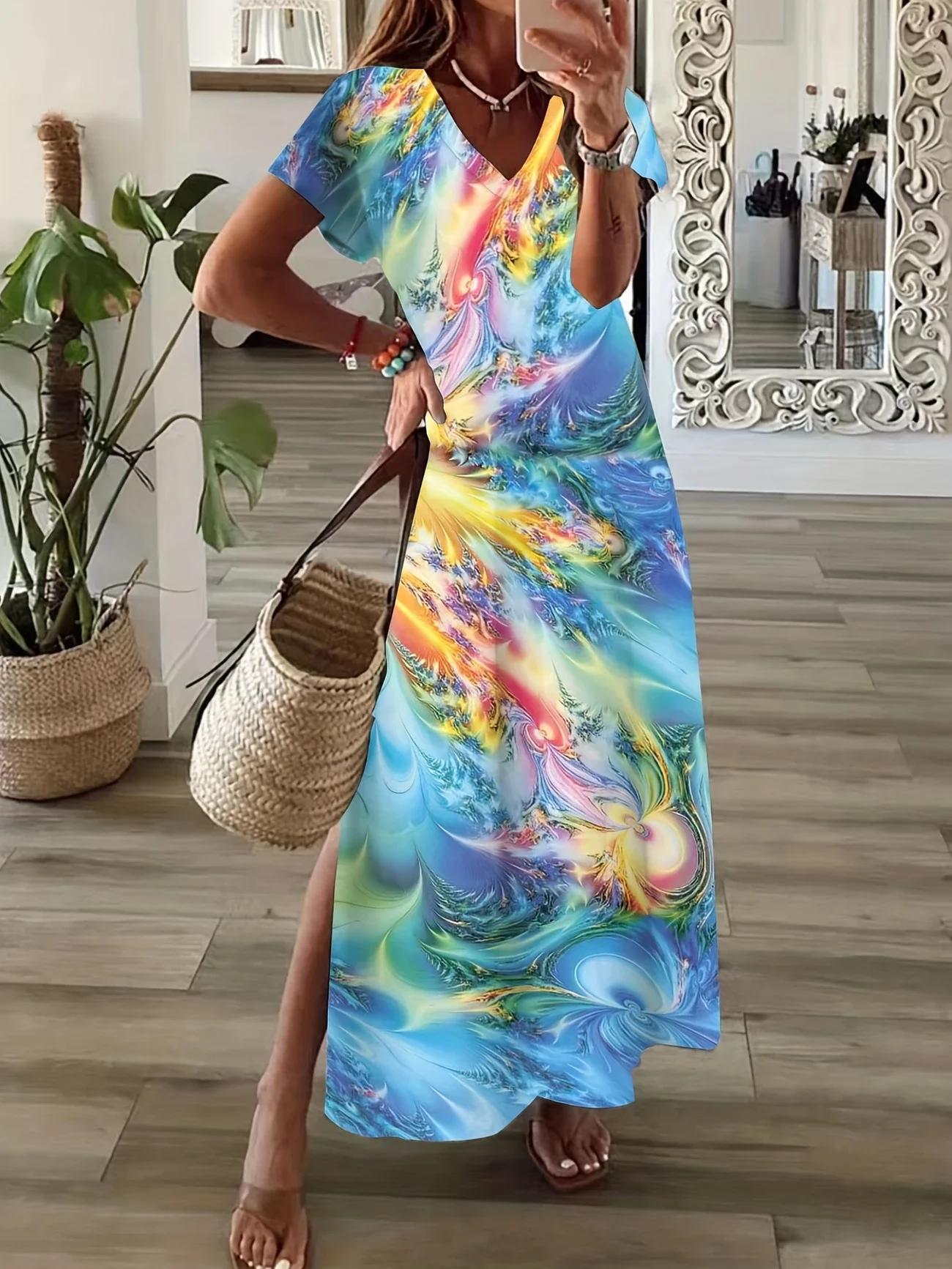 Women Abstract V Neck Short Sleeve Comfy Casual Printing Maxi Dress