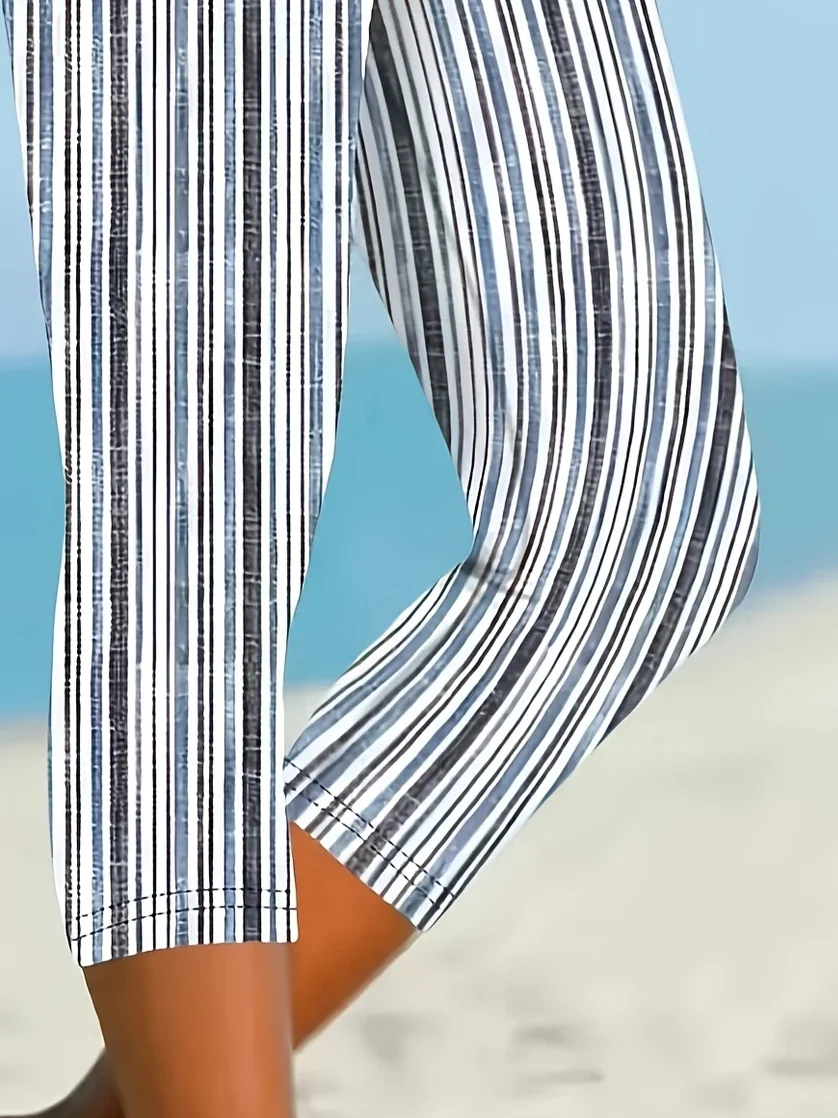 Casual Striped Capris Elastic Waist Printing Pant