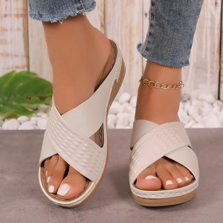 Vintage Plain Breathable Slip On Block Heel Wedge Sandals Hollow Out