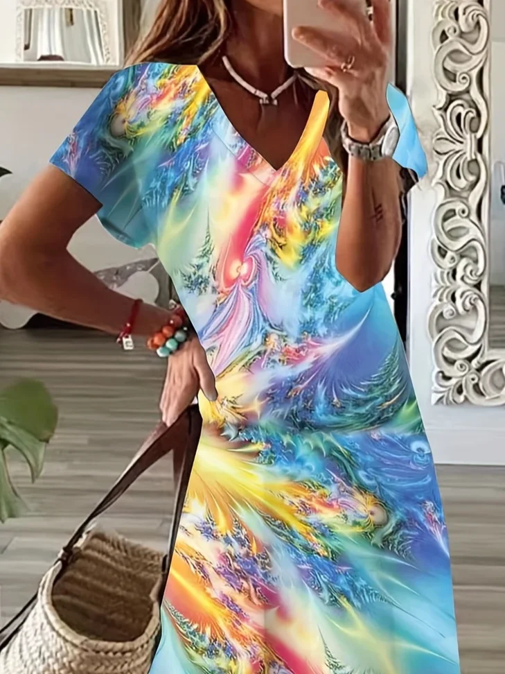 Women Abstract V Neck Short Sleeve Comfy Casual Printing Maxi Dress