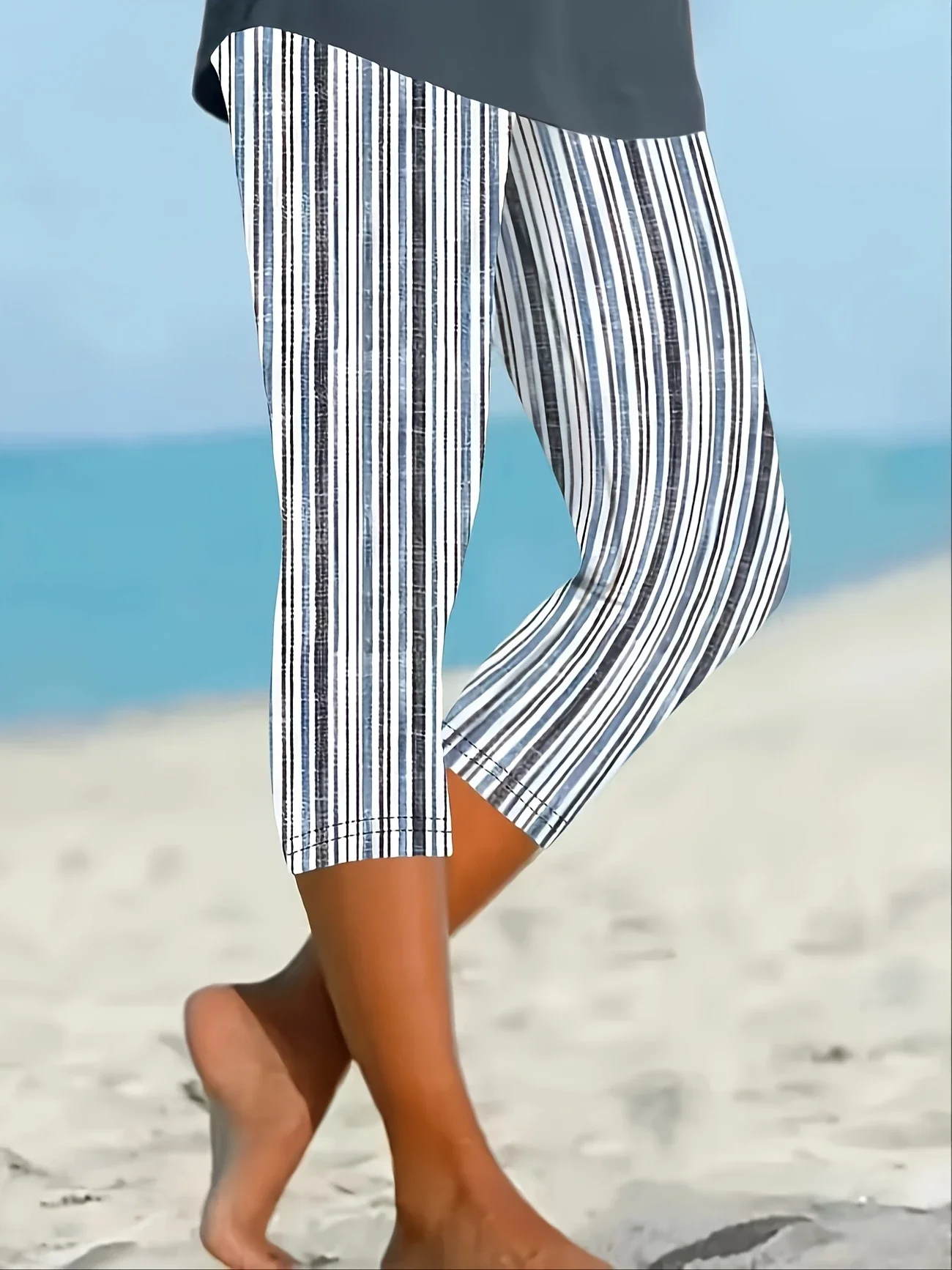 Casual Striped Capris Elastic Waist Printing Pant