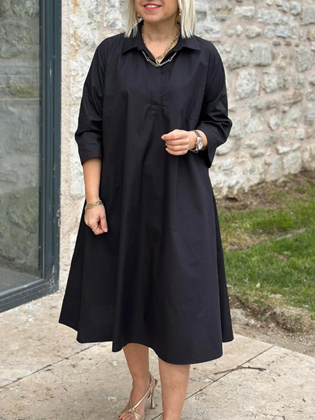 Women Plain Shirt Collar Three Quarter Sleeve Comfy Casual Maxi Shirt Dress