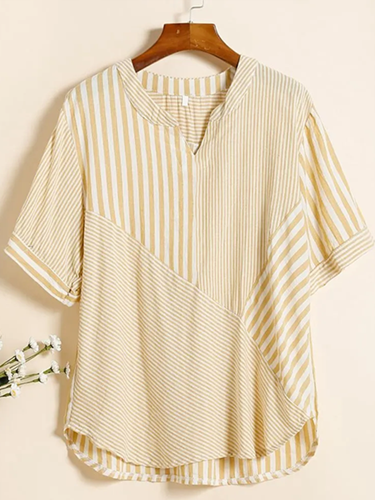 Shawl Collar Half Sleeve Striped Regular Loose Blouse For Women
