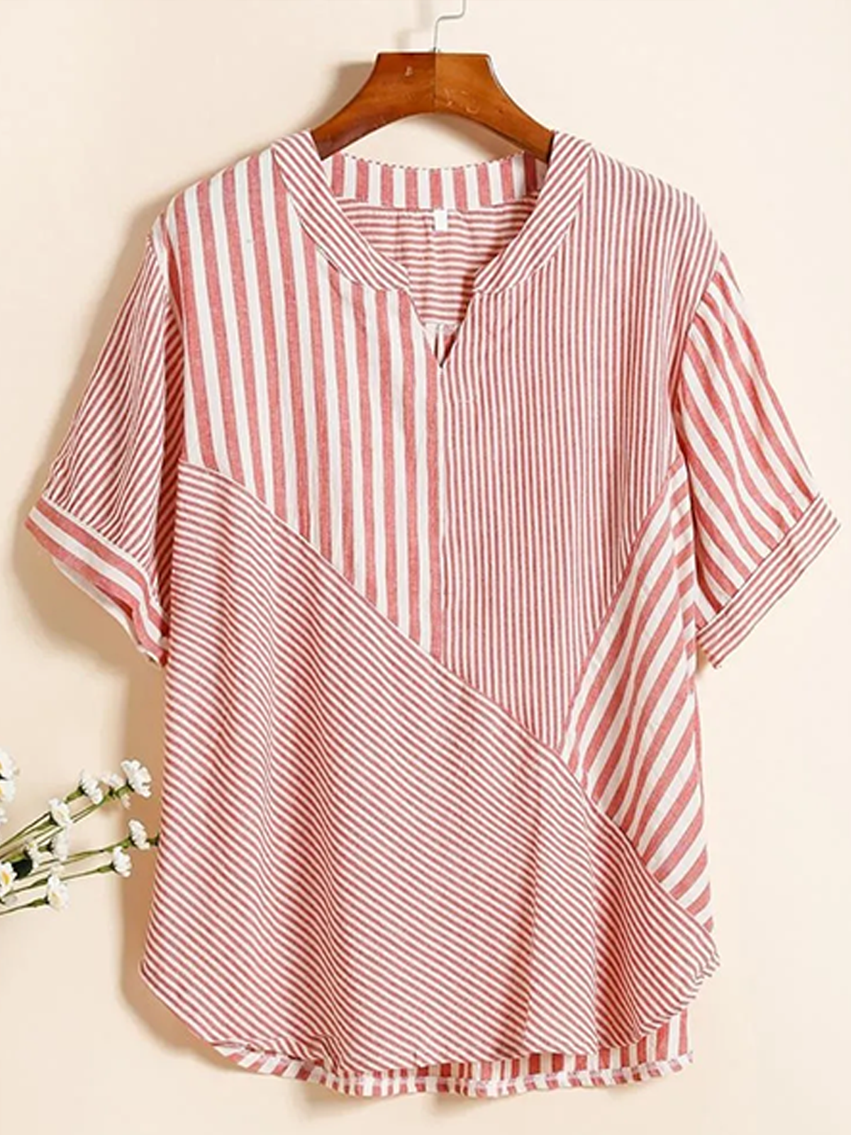 Shawl Collar Half Sleeve Striped Regular Loose Blouse For Women