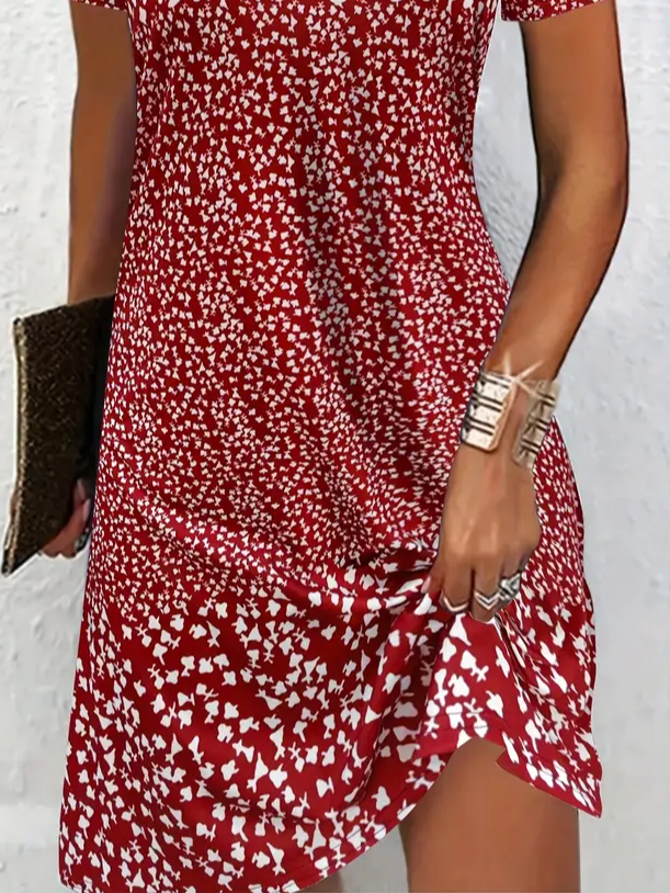 Women Ditsy Floral Summer Printing Dress Crew Neck Short Sleeve Tunic H-Line Dress