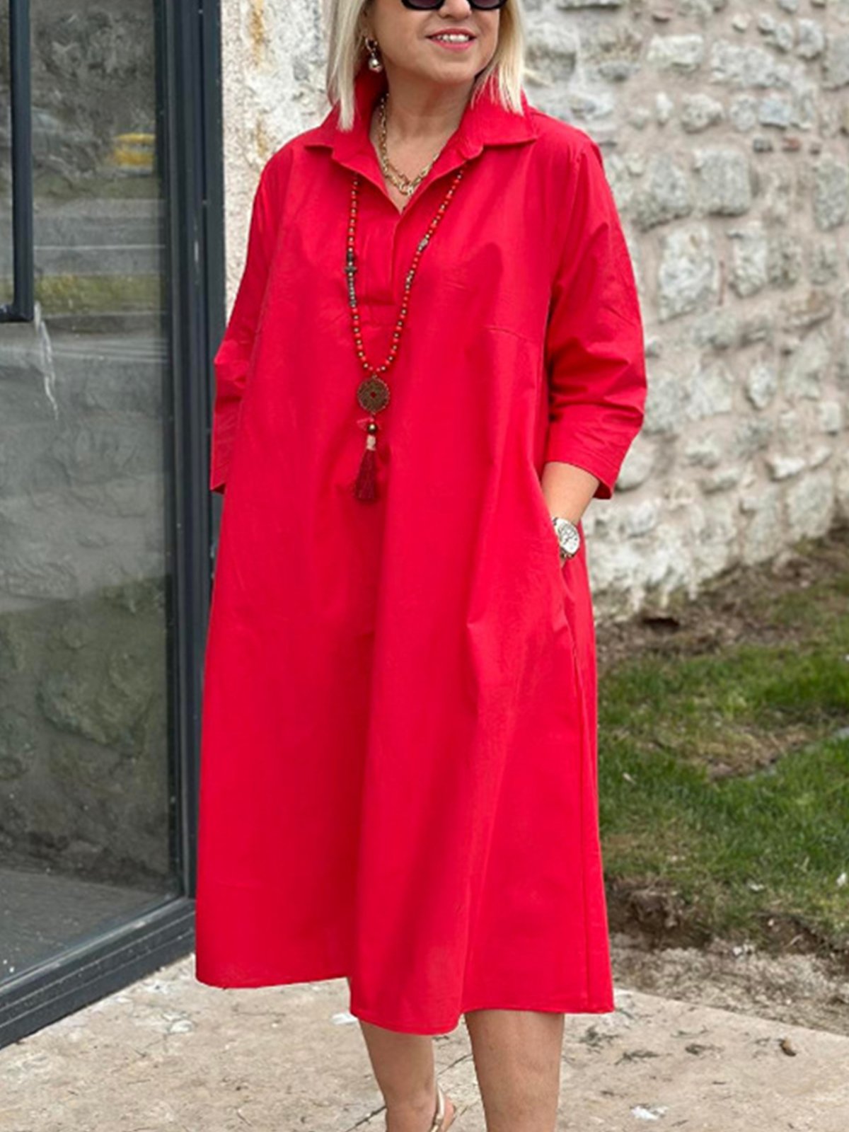 Women Plain Shirt Collar Three Quarter Sleeve Comfy Casual Maxi Shirt Dress