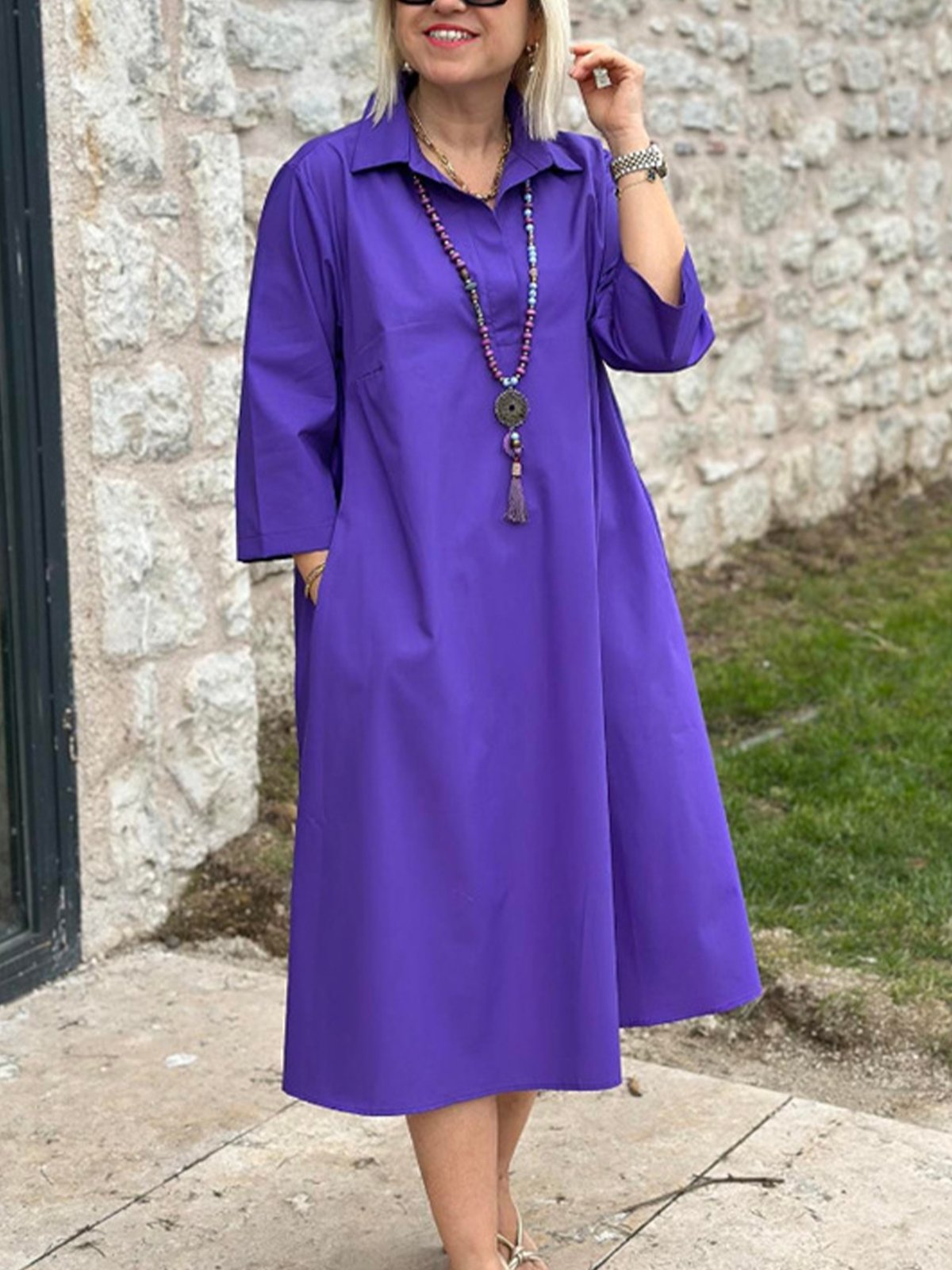 Women Plain Shirt Collar Three Quarter Sleeve Comfy Casual Maxi Shirt Dress