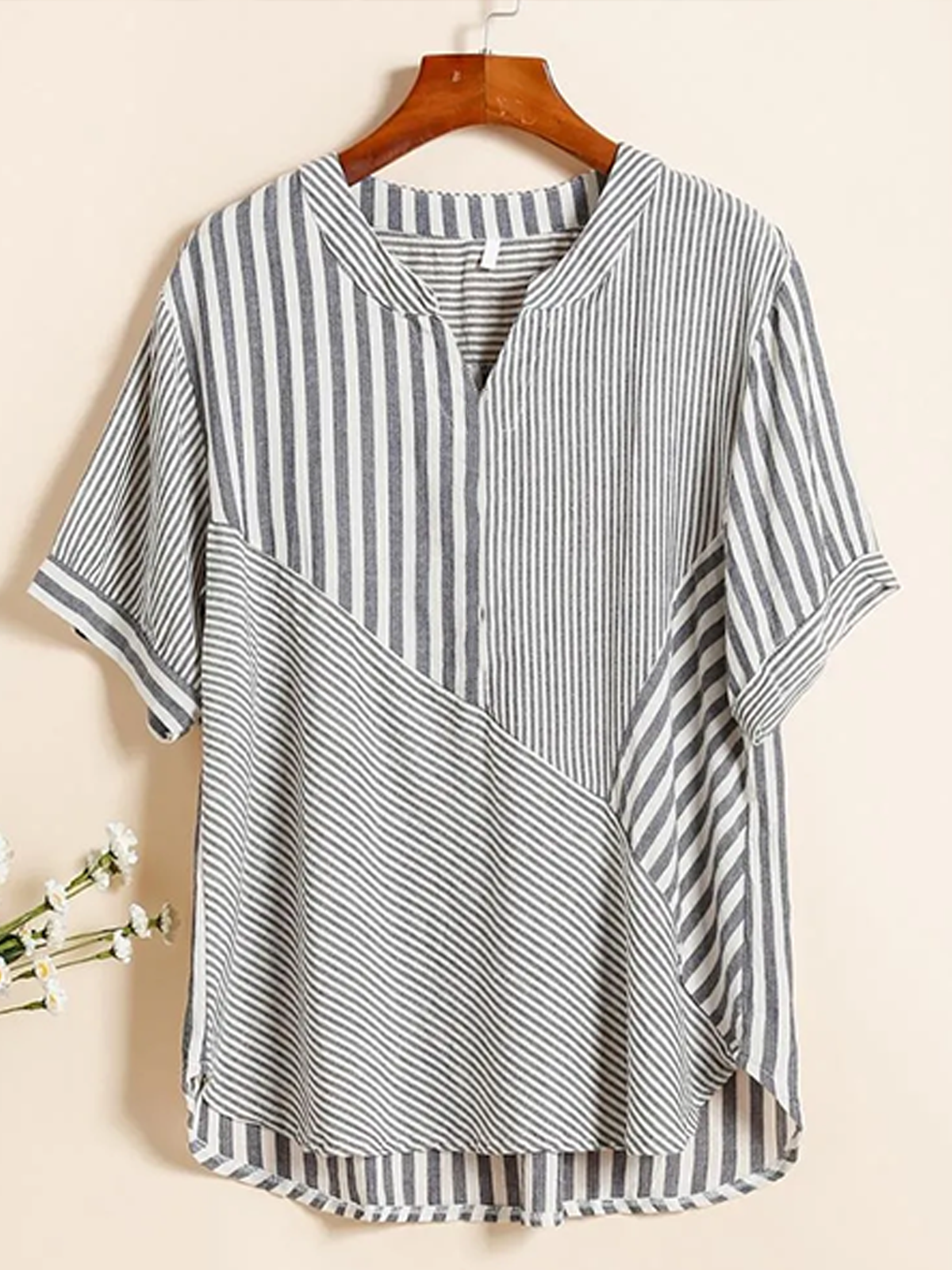 Shawl Collar Half Sleeve Striped Regular Loose Blouse For Women