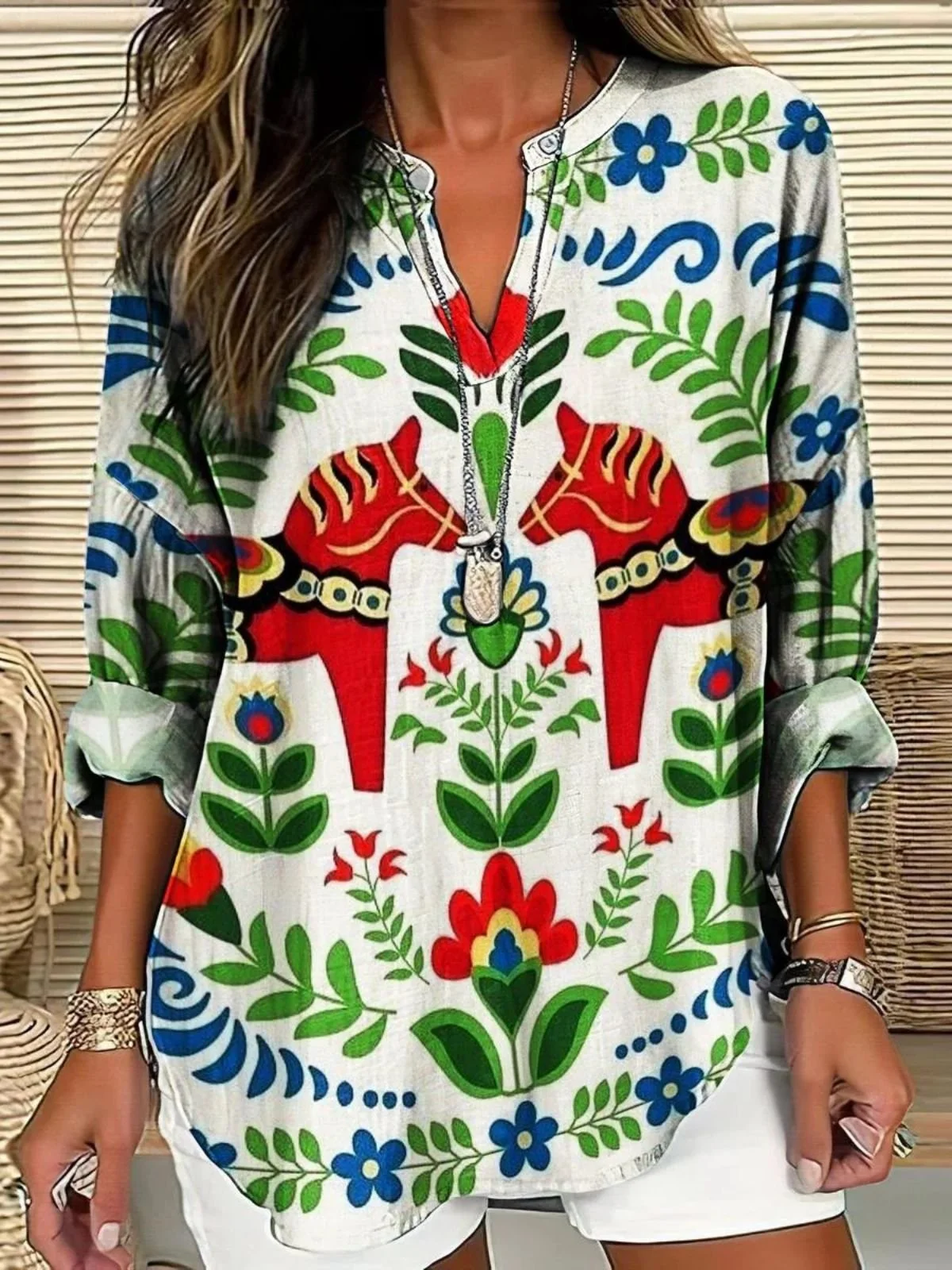 Shawl Collar Long Sleeve Floral Regular Loose Blouse For Women