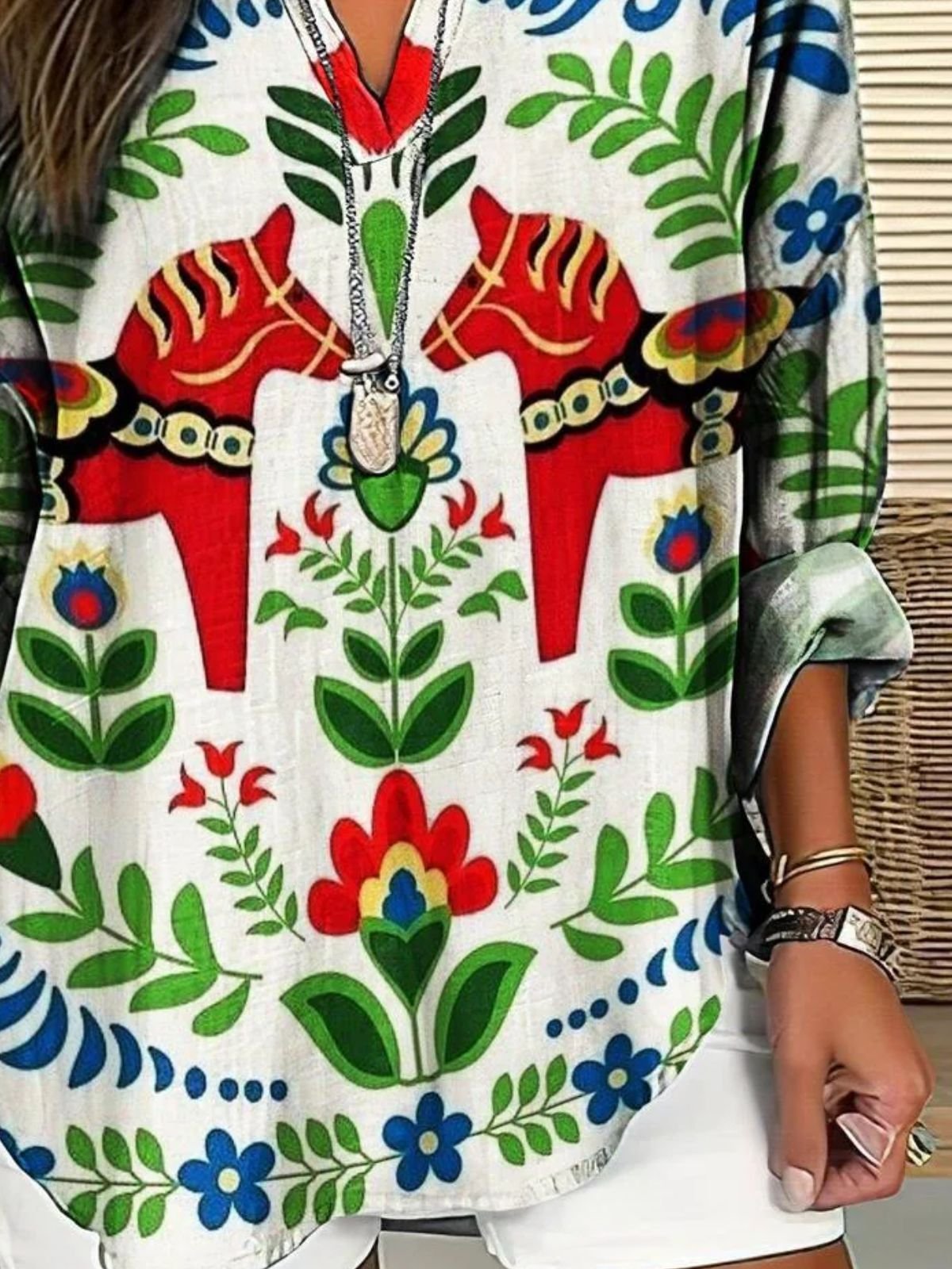 Shawl Collar Long Sleeve Floral Regular Loose Blouse For Women