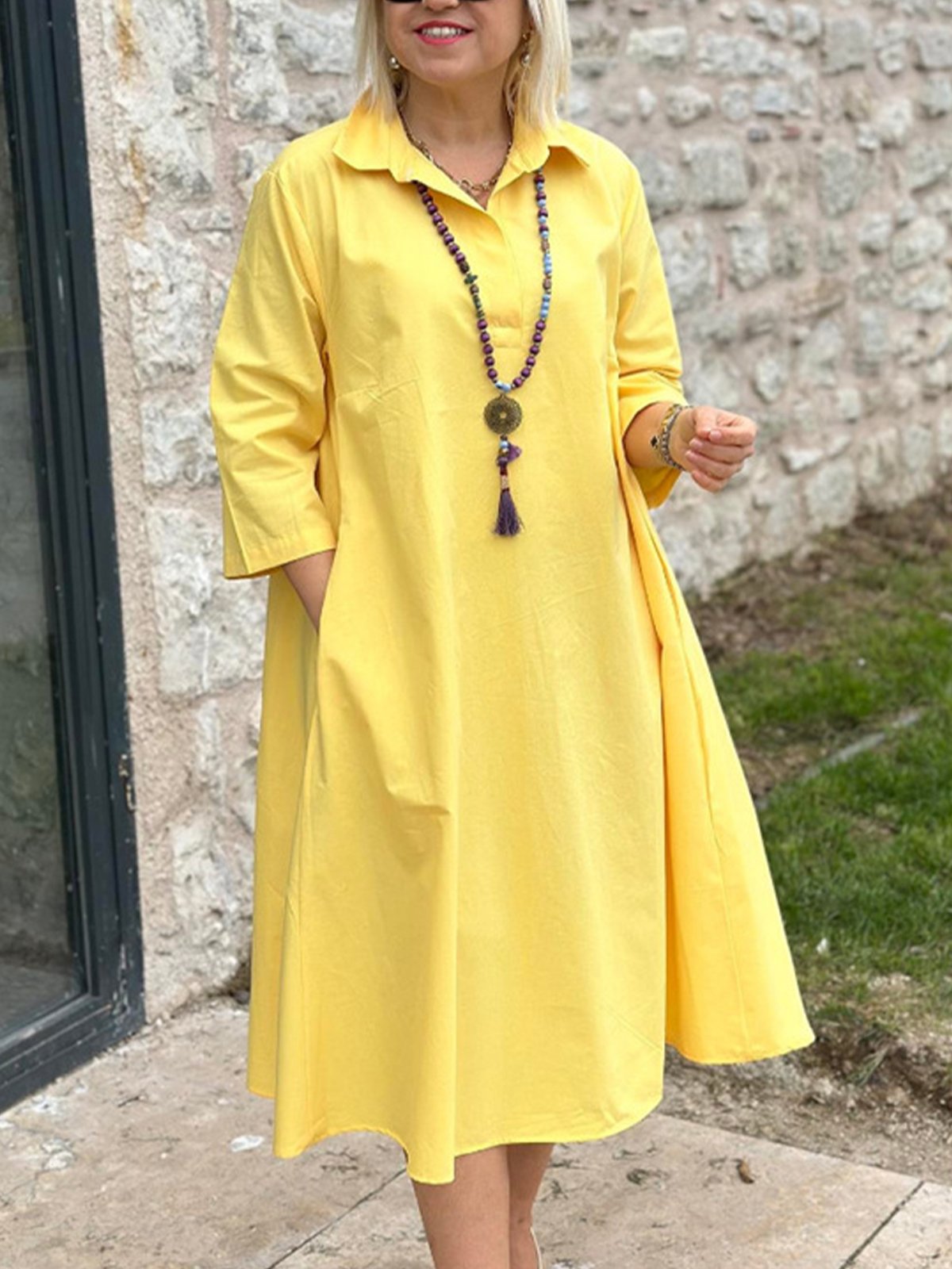 Women Plain Shirt Collar Three Quarter Sleeve Comfy Casual Maxi Shirt Dress