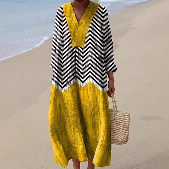 Women Striped V Neck Long Sleeve Comfy Casual Maxi Dress