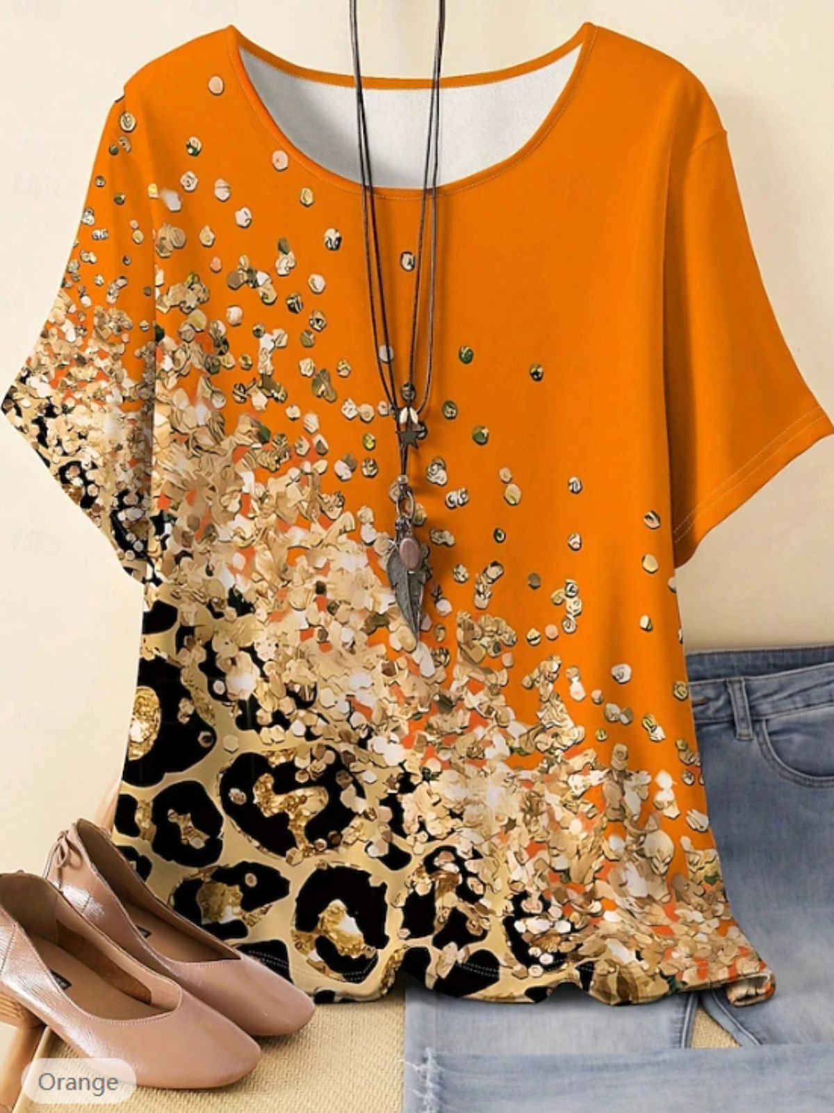 Vintage Leopard Art Print Crew Neck Three Quarter Sleeve Cotton T-shirt