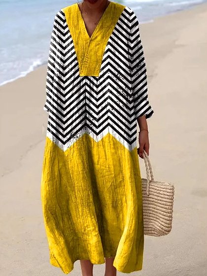 Women Striped V Neck Long Sleeve Comfy Casual Maxi Dress