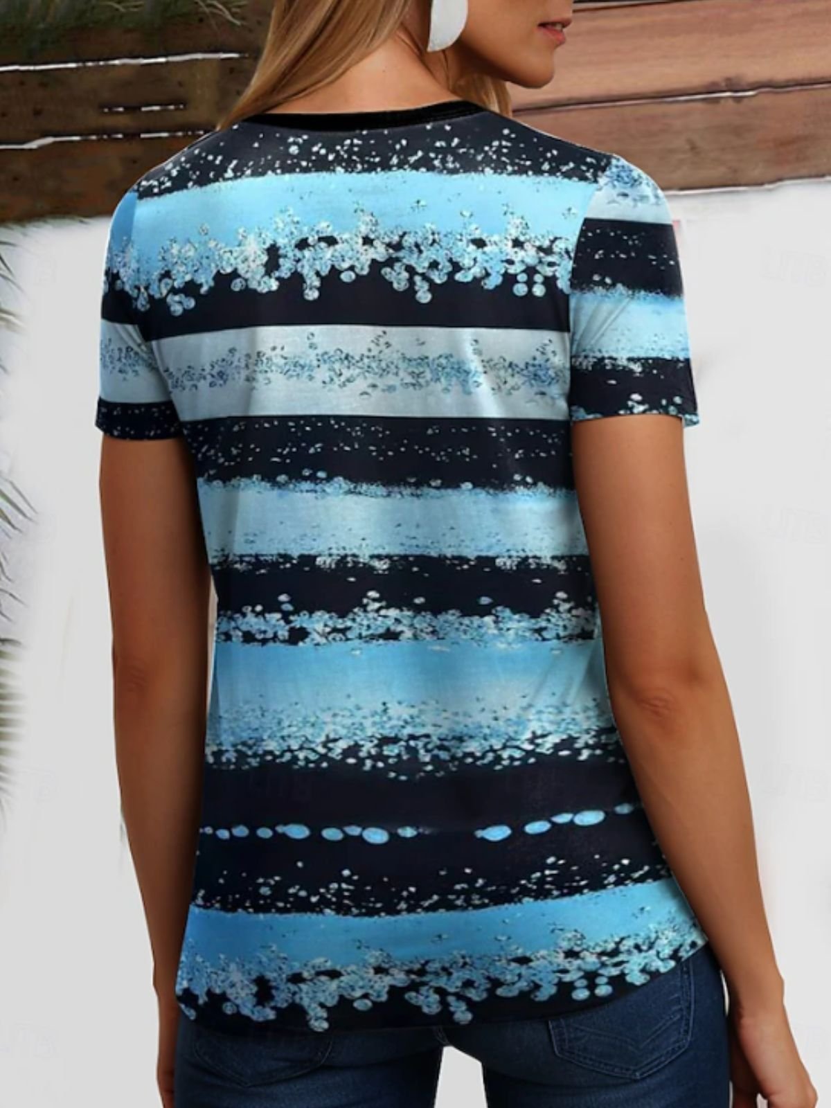 Casual Striped V Neck Short Sleeve T-shirt