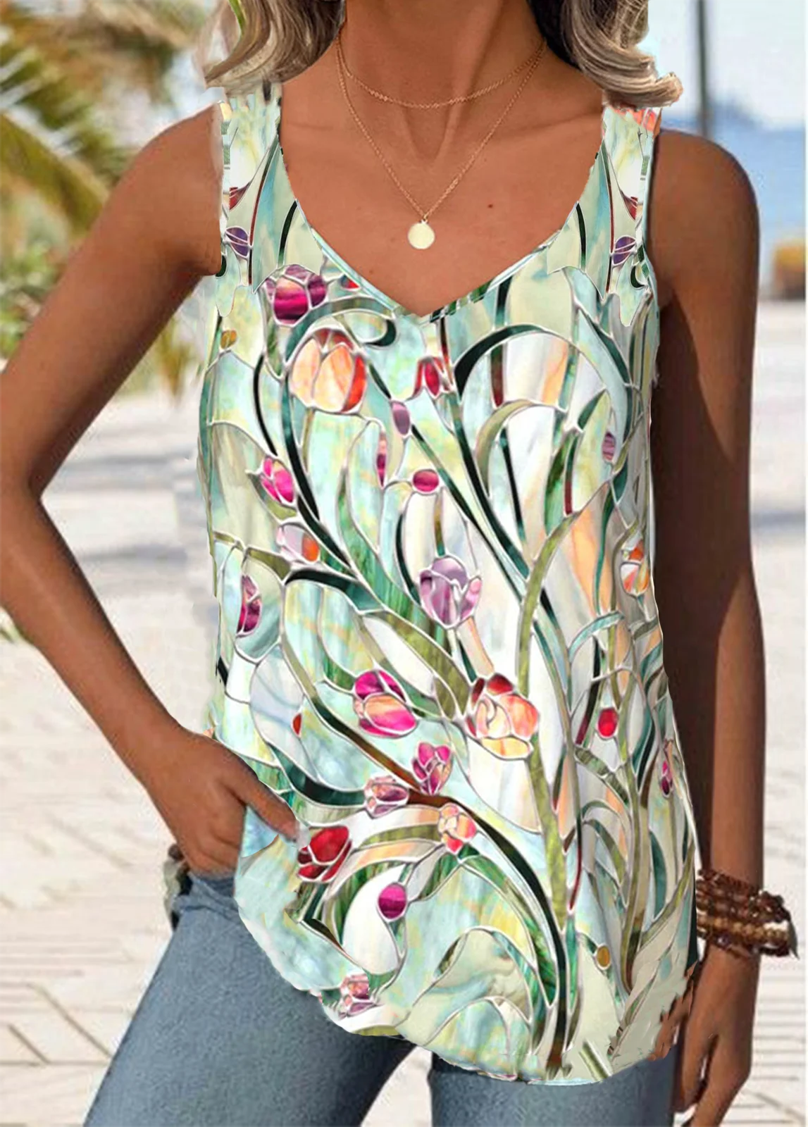 Casual V Neck Floral Tank Top