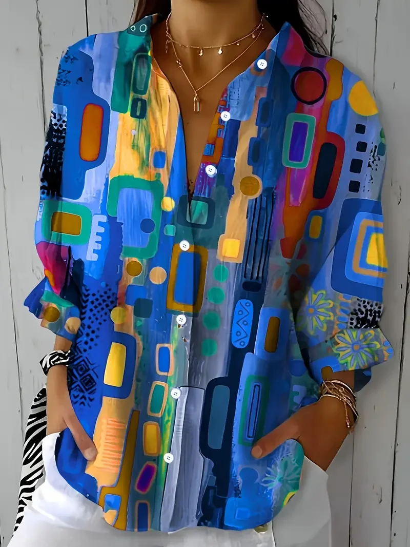 Shirt Collar Long Sleeve Abstract Buckle Regular Loose Button Up Shirt Shirt For Women