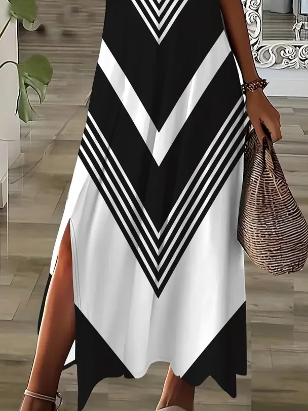 Women Geometric Summer Printing Dress V Neck Short Sleeve X-Line Dress
